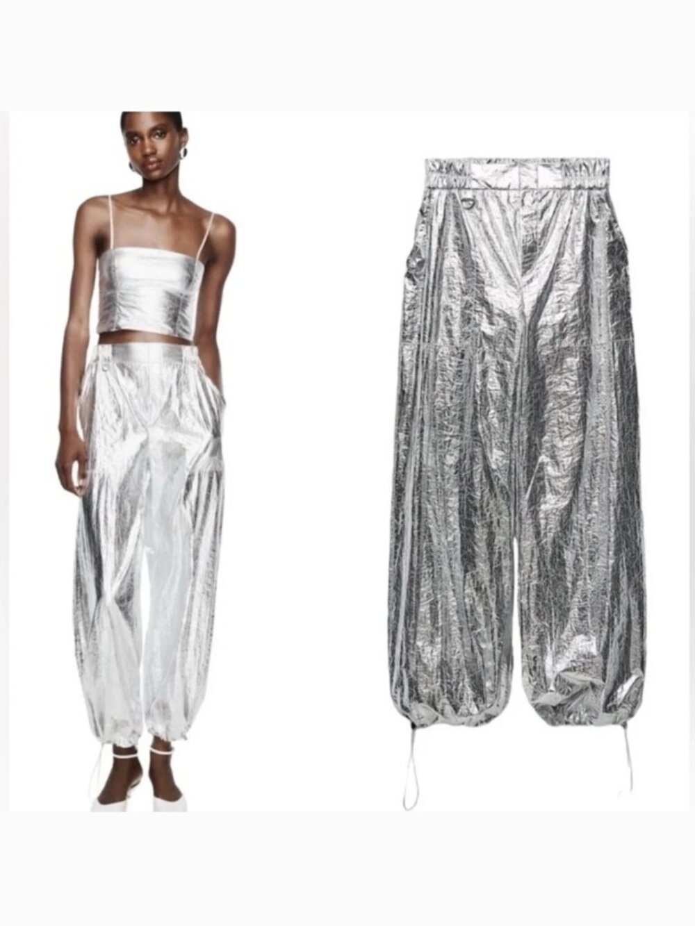 Zara Metallic Silver Drawstring Track Pants